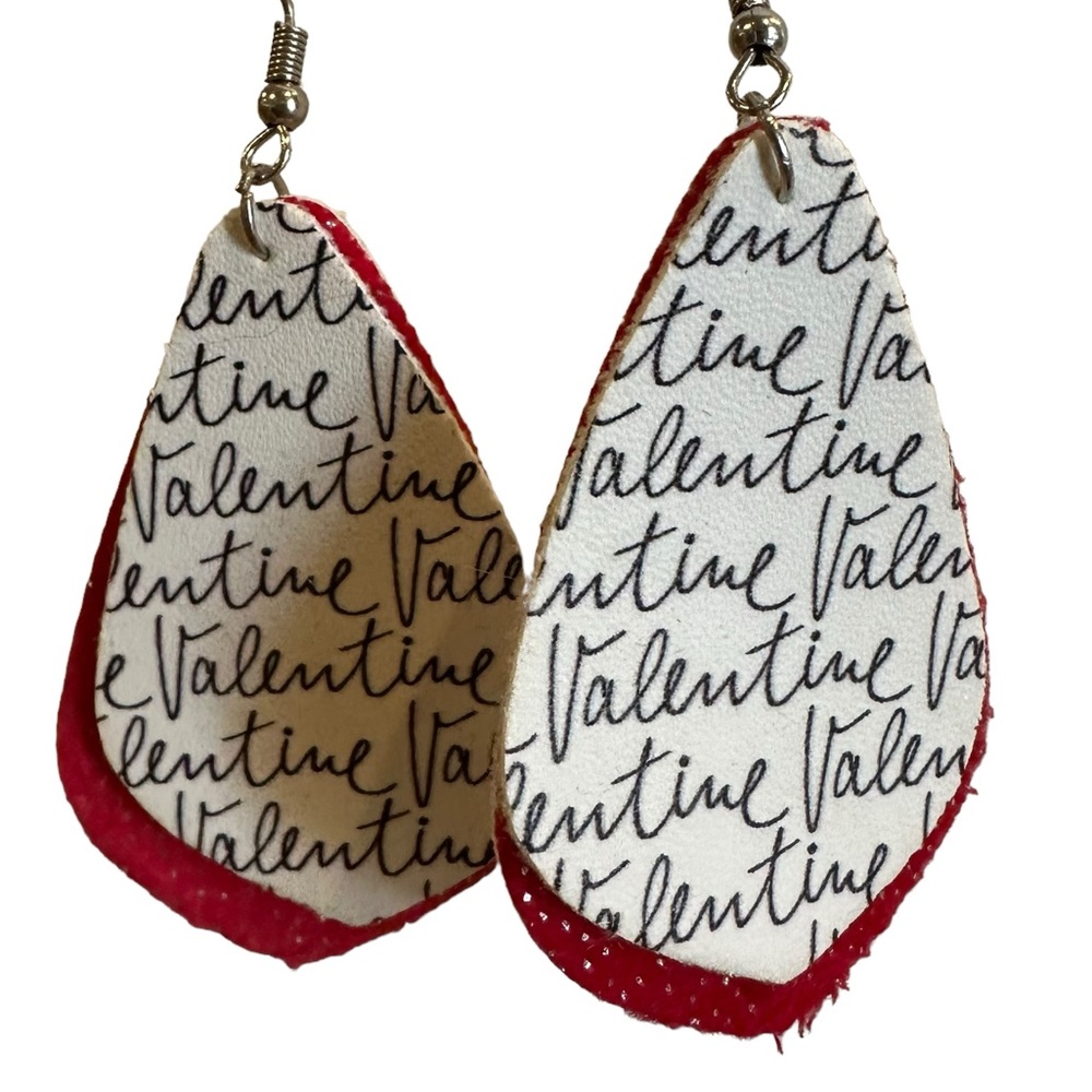 Valentine’s Day dangly earrings leather red white black pierced ears lightweight